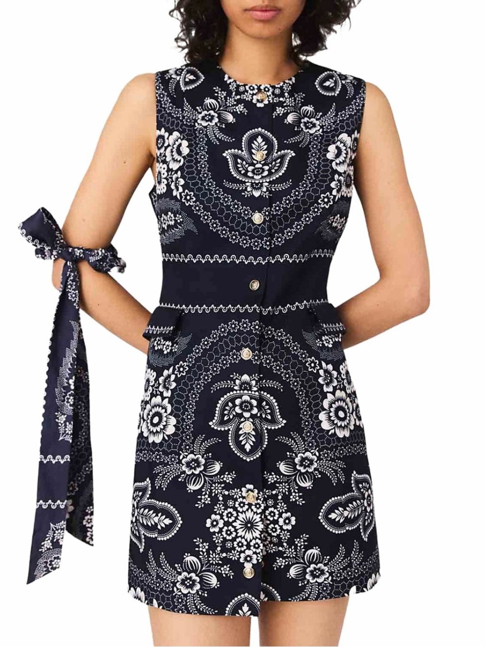Maje Navy and White Bandana-Print Sleeveless Mini Dress with Arm Tie